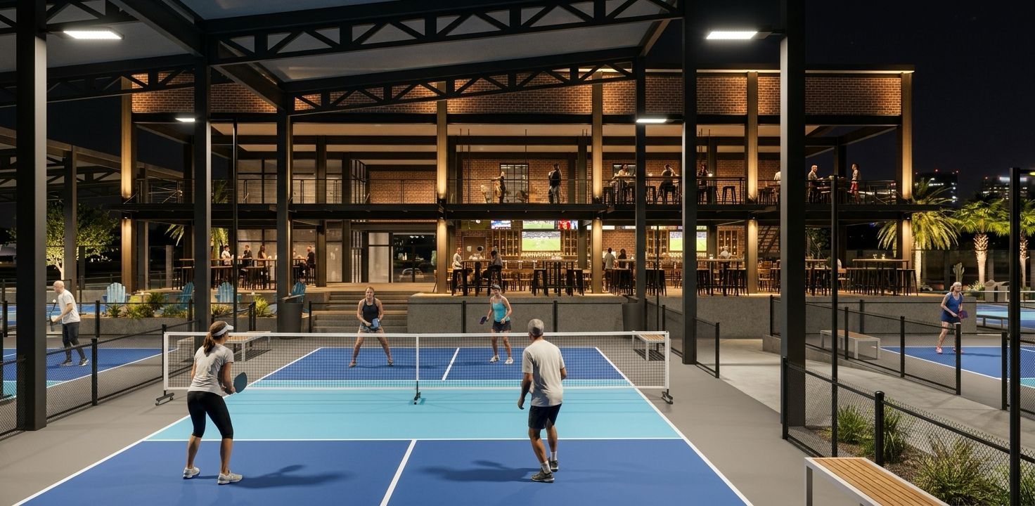 Rendering of evening play on the covered championship courts, with the two-story clubhouse bar glowing behind