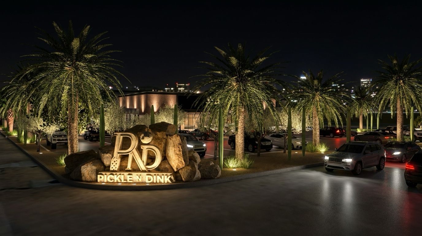 Club entrance at night — the Pickle N Dink sign lit between the palms